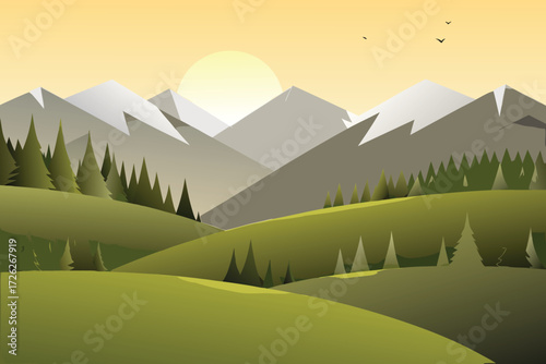 Stylized landscape with green hills mountains and a rising sun illustration