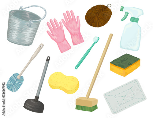 水回りの掃除用具イラストセット ベクター素材