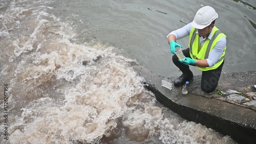 An environmental expert is collecting water samples to be tested for contaminants in a lab.