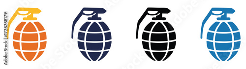 Dynamic grenade icons in vibrant orange, blue, black, and electric blue, symbolizing danger, conflict, and impact for modern design needs. 