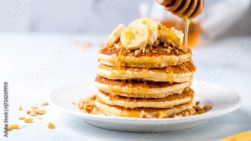 Golden honey cascades over fluffy banana pancakes and granola creating a delicious breakfast treat