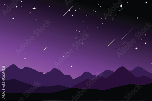 Purple night sky with silhouetted mountains and shooting stars above