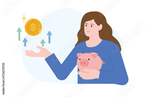 Saving money, financial retirement planning, growth investment and high return, profits increase, money management. Woman hold gold coin and piggy bank flat vector illustration.