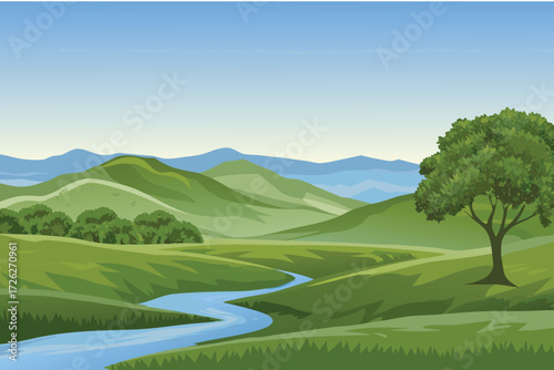 A peaceful landscape with rolling green hills and a winding blue river
