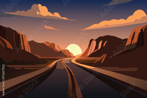 A scenic desert highway stretches towards a glowing sunset horizon