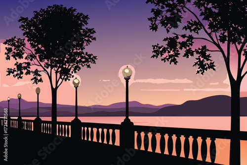 Silhouette of trees a waterfront and a beautiful evening sky