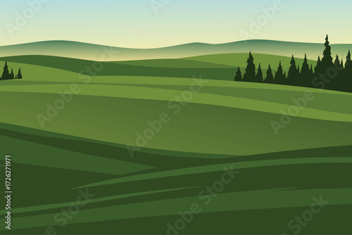 Rolling green hills with distant mountains and silhouetted trees