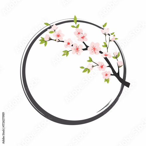 円形フレームと桜の墨絵風白黒ベクター素材