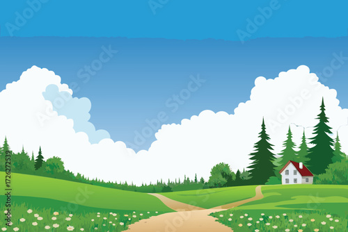 A peaceful landscape featuring a winding path house and fluffy clouds