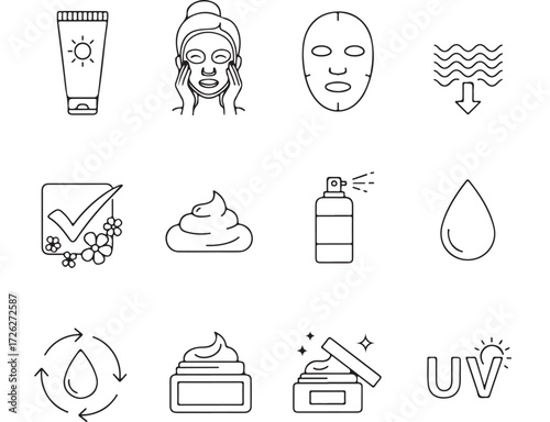 Skincare Icons Set – UV Protection, Masks & Moisture

