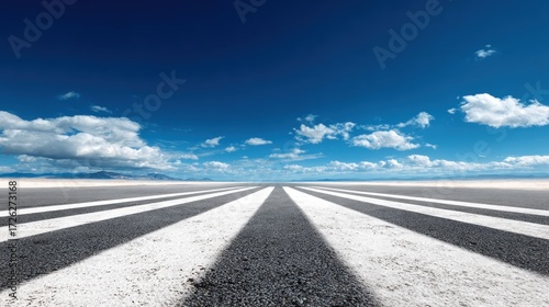 A black and white striped runway with a clear blue sky in the background.