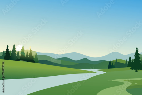 A serene landscape featuring rolling hills a river and distant trees