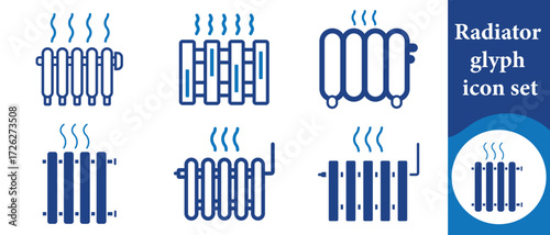 Radiator glyph icon set, warm floor, sign, radiation, illustration, glyph, insurance, secure delivery, risk assessment, document, task checklist, first aid kit, health compliance and more