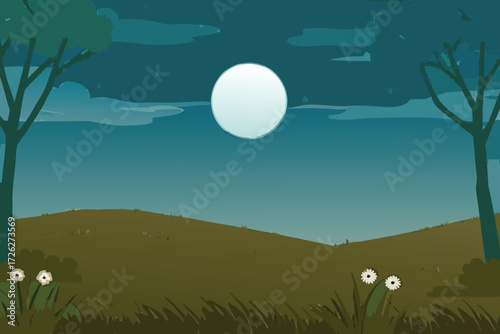 A stylized landscape with silhouetted trees and a bright full moon