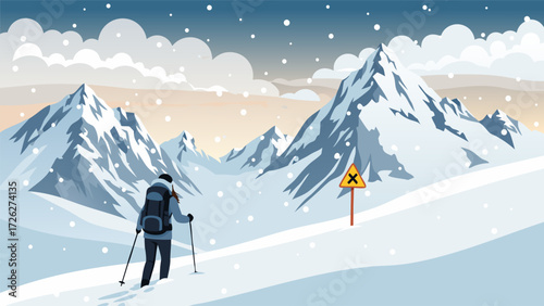 Adventurous Hiker Navigating Snowy Mountain Terrain A Scenic Winter Landscape with Warning Sign