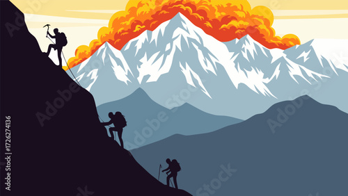 Dramatic scene of mountaineers in silhouette climbing a steep cliff with a massive erupting volcano in the background