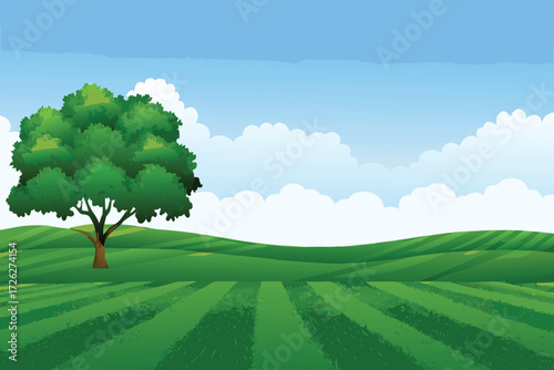 A vibrant green landscape featuring a solitary tree and fluffy clouds
