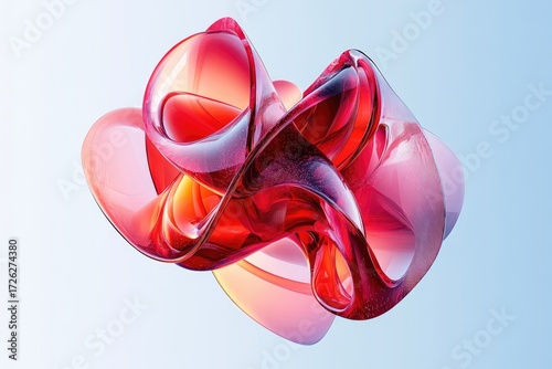 Abstract, vibrant red, glass-like shapes intertwining