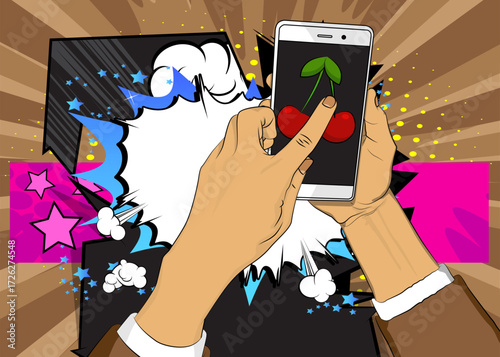 Cartoon Smartphone, comic book Telephone with Cherry. Retro vector comics pop art design.