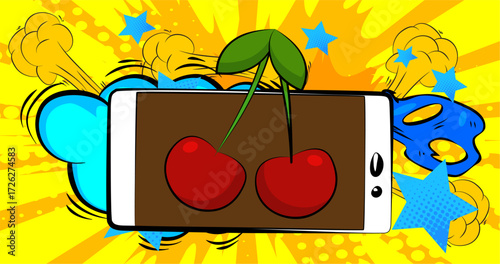 Cartoon Smartphone, comic book Telephone with Cherry. Retro vector comics pop art design.