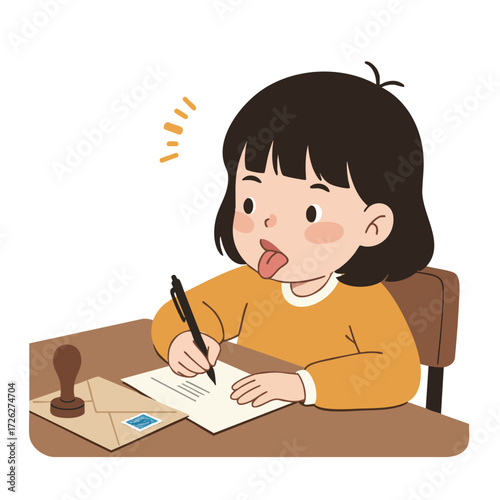 a girl sticking out her tongue in concentration while writing a letter at a table, next to an envelope with a stamp, 