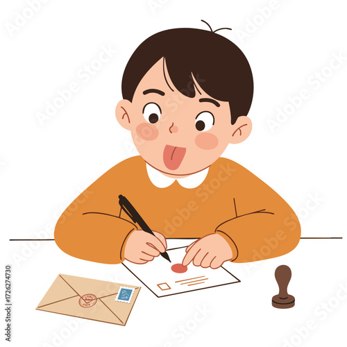 a child sticking their tongue out in concentration while writing a letter at a desk, next to an envelope with a stamp.
