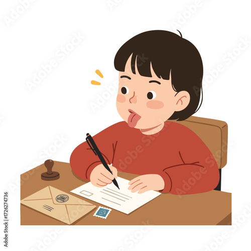 a girl sticking out her tongue in concentration while writing a letter at a table, next to an envelope with a stamp, 