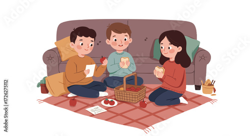 3 children sitting on a blanket on the living room floor, sharing apples and sandwiches from a picnic basket.