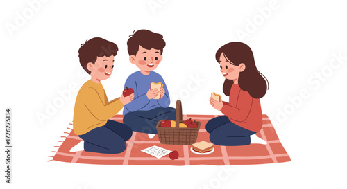 3 children sitting on a blanket on the living room floor, sharing apples and sandwiches from a picnic basket.