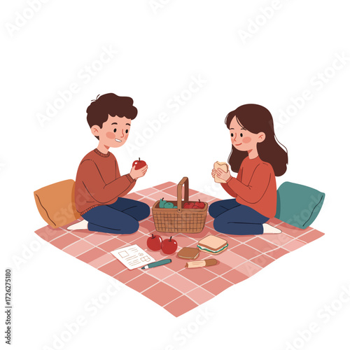 3 children sitting on a blanket on the living room floor, sharing apples and sandwiches from a picnic basket.