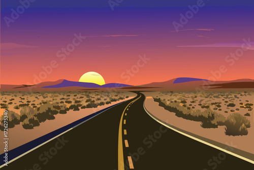 Desert highway stretches towards a vibrant sunset over distant mountains