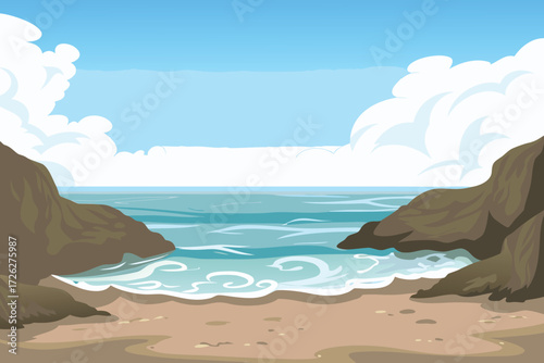 A peaceful coastal scene with sandy beach blue water and fluffy clouds