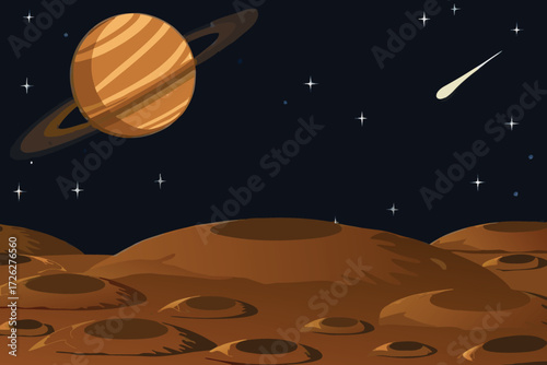 A colorful illustration of a ringed planet moon and passing comet