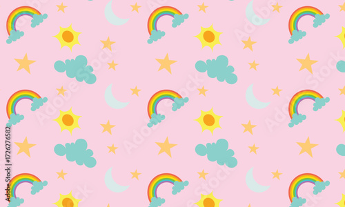 This pattern features celestial elements such as the moon, rainbow, sun, clouds, and stars arranged on a sweet and soothing pink background. The combination of cheerful colors and a pink background