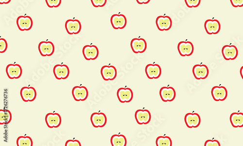 This pattern features apples cut in half, revealing the inside of the fruit with its soft flesh and brown seeds. The apple slices are arranged repeatedly on a plain or textured background