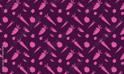 This pattern features tomatoes, carrots, and radishes in bright, contrasting, cheerful pink colors, combined with a rich and elegant dark purple background. It is suitable for fashion designs,decorate