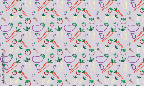 This pattern features various vegetables such as tomatoes, carrots, eggplants, and radishes with clear, bold outlines. The design is simple and clean, highlighting the shape of each vegetable artistic