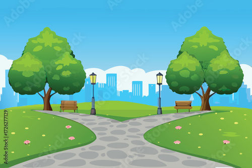 A peaceful park scene with pathways trees and a distant skyline