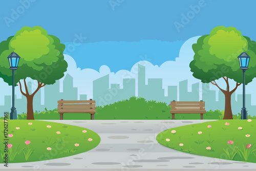 A peaceful park scene with benches trees and a city background
