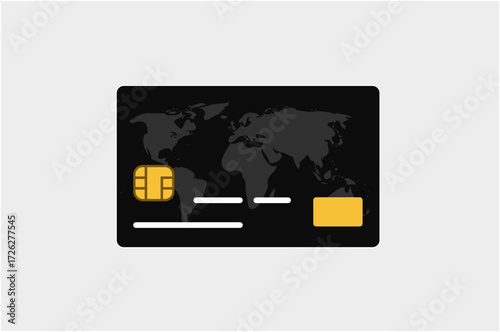 Black credit card illustration design with a world map and a gold chip on a white background.