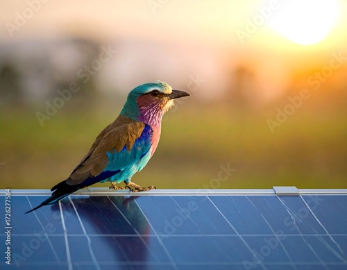 A vibrant bird perched on solar panels at sunset