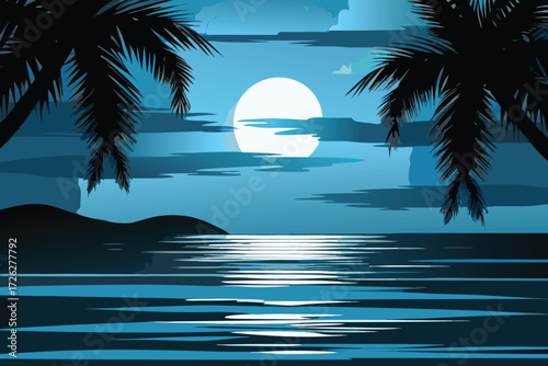 Silhouetted palm trees frame a bright moon over calm ocean waters