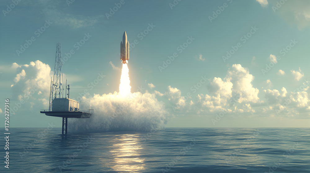Fototapeta premium Rocket launching from a platform over the ocean under a cloudy sky.