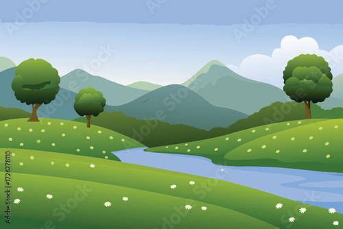 A scenic view of rolling green hills a winding river and distant mountains