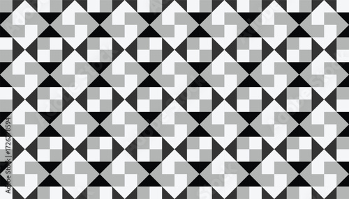 A seamless black and white geometric pattern. A repeating arrangement of squares and triangles creates a visually appealing and symmetrical design.