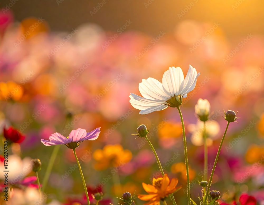 Obraz premium A vibrant field of cosmos flowers bathed in golden sunlight