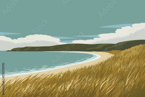 Serene coastal landscape with a sandy beach and grassy foreground