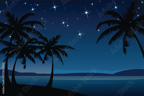 Silhouetted palm trees against a vibrant star filled night sky scene