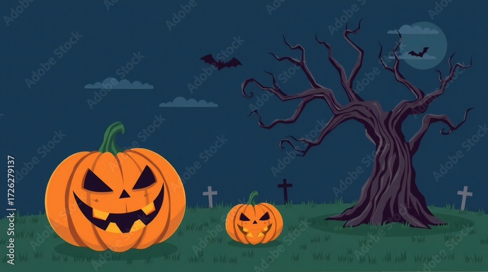 Fototapeta premium Spooky halloween night scene with carved pumpkins and a bare tree