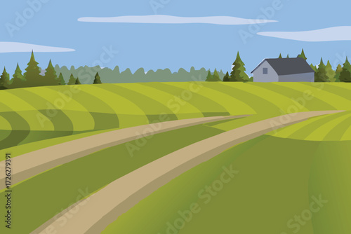 A peaceful landscape featuring green fields a path and a small house